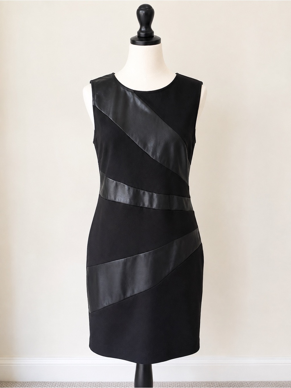 Nina Leonard Black Sleeveless Faux-Leather Panel Midi Dress